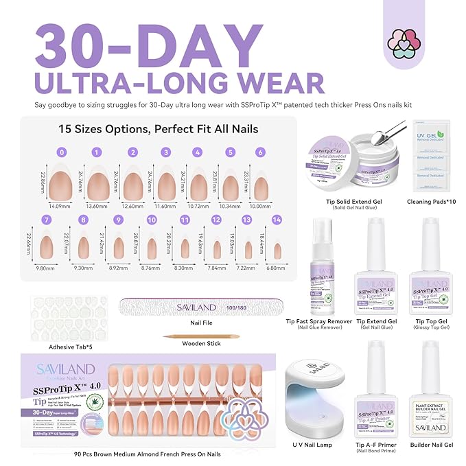SAVILAND Press On Nails For Women: 4-In-1 French Tip Press On Nails Acrylic 15 Sizes Press On Nails Almond Medium Strong Nail Glue for Press Ons U V Light Nail Glue Remover A-F Primer French Tip Tool
