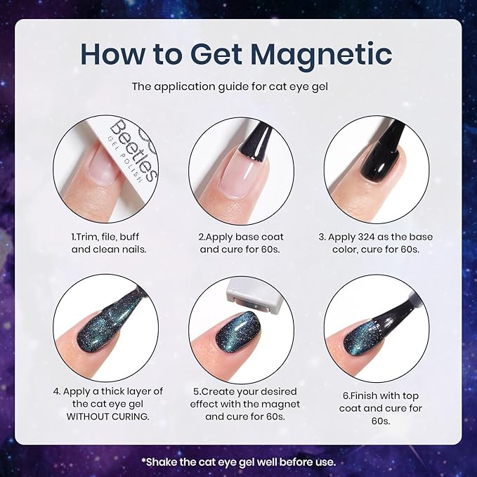 Beetles Cat Eye Gel Polish - Milky Way 6 Colors Gel Polish Set, Black Purple Blue Temperature Changing Glitter Nails, Galaxy Nails Kit with Magnet Stick Soak Off Uv Lamp Gel