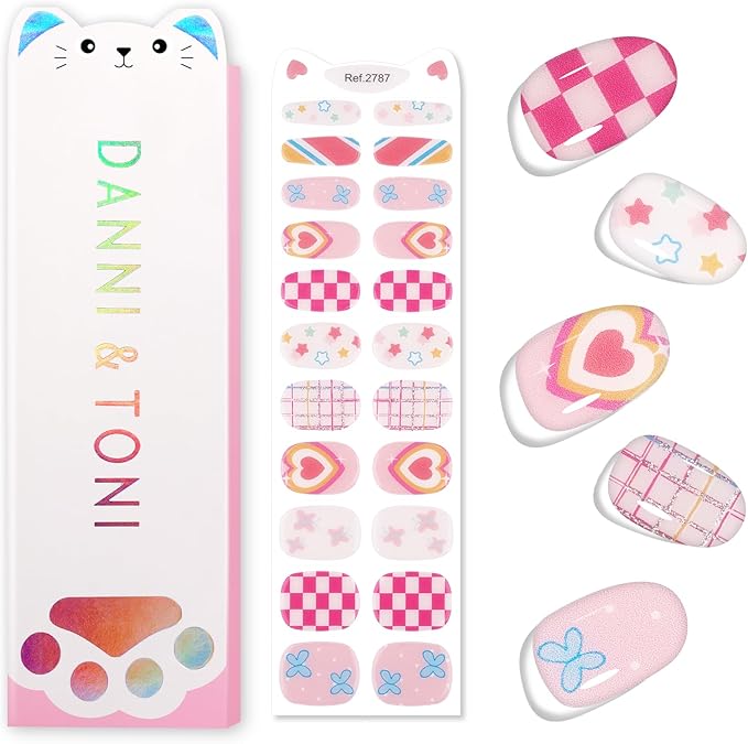 DANNI & TONI Kids Gel Nail Strips Heart Checker Butterfly Stars Salon-Quality Peel & Stick Manicure for Children (Age 6+)– Safe, Long-Lasting, Easy to Apply |Flutterheart