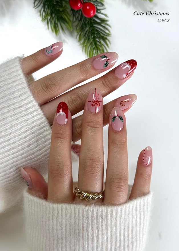 Semi Cured Gel Nail Strips (Cute Christmas), Red Santa Hat, 20 Pcs Gel Nail Wraps, Stickers, Wreath, Snowflake, Candy Cane, Works with Any UV Lamps