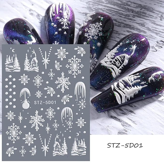 CHARMARK Snowflake Nail Art Stickers, 5D Embossed, Christmas, White, 4 Sheets (Snowflakes A)