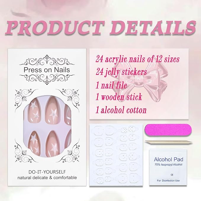 Press on Nails Medium Almond MABKJLF French Tip Fake Nails Nude Full Cover White Gold Nail Tip False Nails with Star Designs Rhinestones Glossy Glue on Nails Artificial Nails for Women Girls 24Pcs