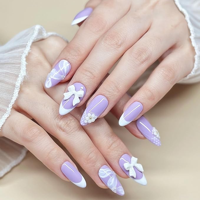 Handmade Press On Nails Medium Almond Pastel Purple with White French Tip, Flower Accents 3D Bow & More. Reusable Soft Gel Nails in 12 Sizes -24 Nail Kit with Glue| Designed in L.A| Lilac Lace