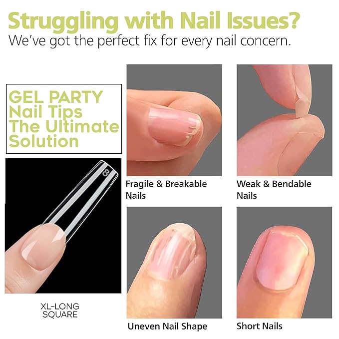 GELPARTY Soft Gel Nail Tips XL Long Square - 240Pcs Pre-Buffed Matte Full Cover Tips - No Filing Needed, Soak Off Gel Extension System - Clear False Nails (12 Sizes)