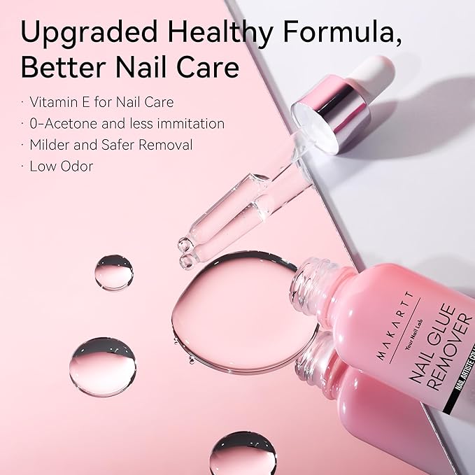 Makartt Hema-Free Press on Nail Glue Remover: Updated Formula with Vitamin E | Glue Debonder with 5 Wooden Sticks,1 Dropper Applicator for Quicker Application, Non-Acetone Glues 30 ml