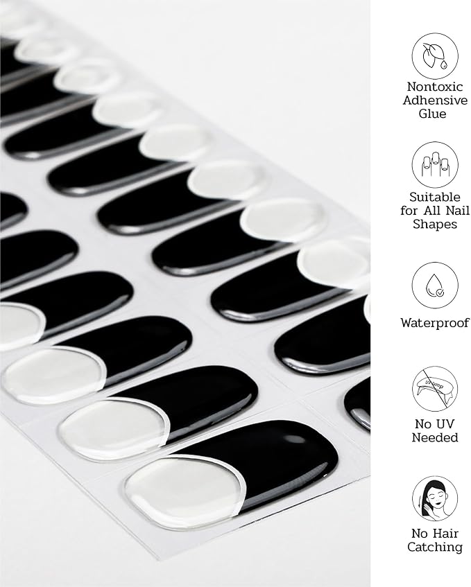 Nail Polish Strips (No UV Lamp Needed) - 22 Pcs Salon Quality Gel Nail Stickers - Long Lasting Wraps (Black Serenade)