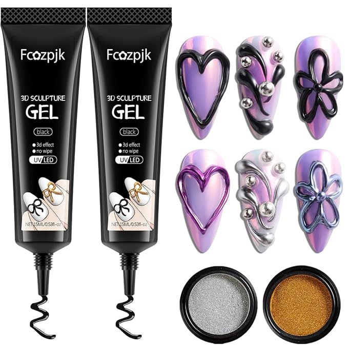 Black 3D Gel for Nails, 2PCS 15ML Black Nail Polish No Wipe 3D Chrome Effect Gel Sculpting Gels with Gold Silver Chrome Powder Carving Modeling Painting Embossed Design Manicure Salon Supplies