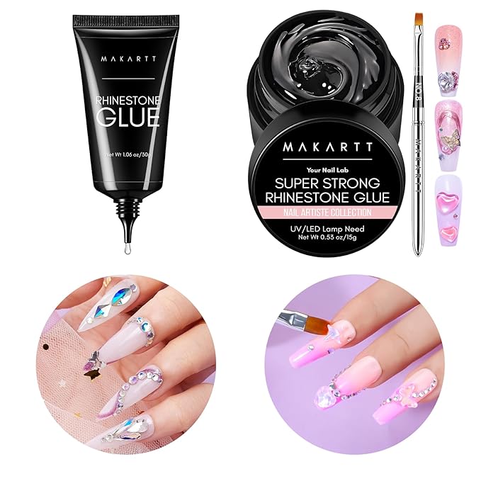 Makartt Nail Rhinestone Glue for Nails, Super Strong Gel Nail Glue Bundle with Rhinestone Glue for Nails, 15ml Clear Nail Gem Glue with Nail Brush Kit for 3D DIY Decorations