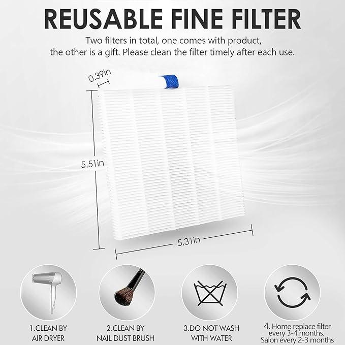 Nail Dust Collector with Reusable Filter for Acrylic Gel Nails, 80W Adjustable Nail Vacuum Suction Fan for Manicure Pedicure at Salon or Home, White