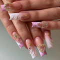 MISUD Press on Nails - Long Square Fake Nails with Purple French Tip, Acrylic Gold Charms Design 24 pcs