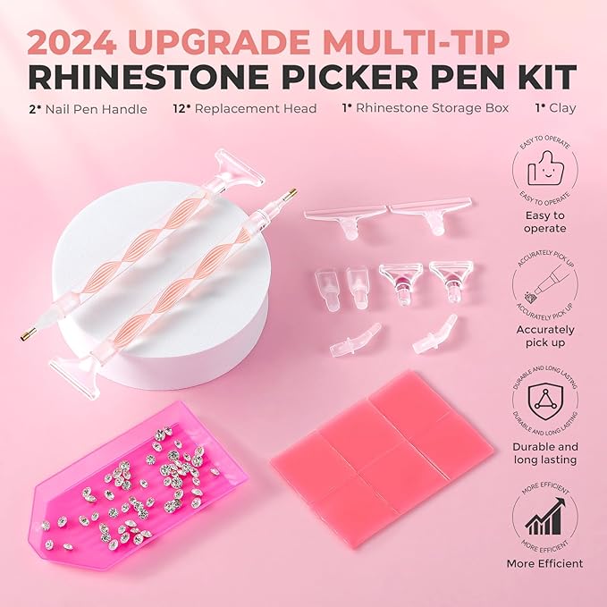 Rhinestone Picker Tool Kit: 2Pcs Rhinestone Picker Handle, Dual-Ended Rhinestones Applicator Dotting Pen with 12 Upgraded Plastic Replacement Tips, Clay, Bedazzling Tools for Nail Art Craft (Pink)