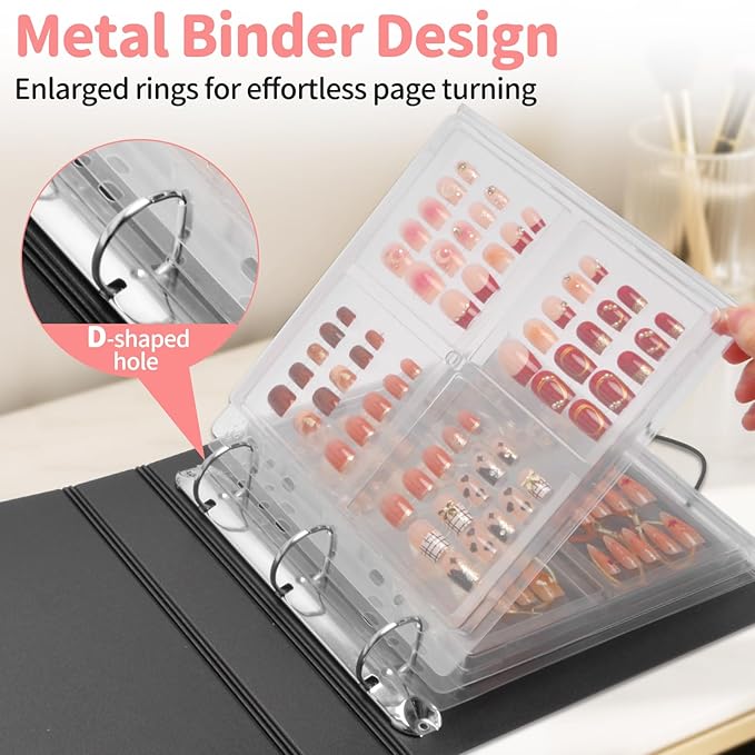 CGBE Press On Nail Organizer: Upgraded Dust & Crush-Resistant Protection, Removable D-Ring Binder Pages, Press On Nail Storage with Nail Tape