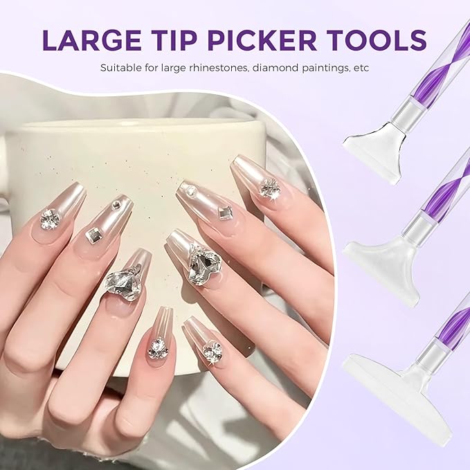 Rhinestone Picker Tool Kit: 2Pcs Rhinestone Applicator Handle, Dual-Ended Bedazzling Tools Pen with 12 Upgraded Plastic Replacement Tips, Clay for DIY Nail Art Craft (Purple)