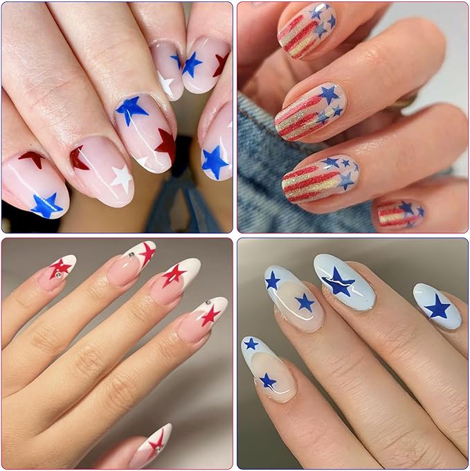 4th of July Nail Stickers, Red Blue White Star for Independence Day Patriotic Nail Decals, 3D Design Self-Adhesive USA Flag Star Nail Art (6 Sheets)