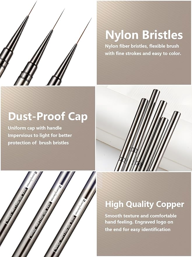Nail Liner Brush, Fine Line Nail art Brushes 5/9/15/20/25mm Thin Line Nail Brushes Detail Drawing, Liner Brush for Nails Gel