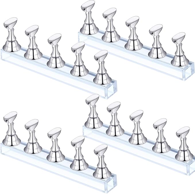 Blulu 4 Sets Acrylic Nail Display Stand Nail Holder Magnetic Nail Practice Stand Fingernail DIY Nail Design Stand for False Nail Manicure Tool (Silver)