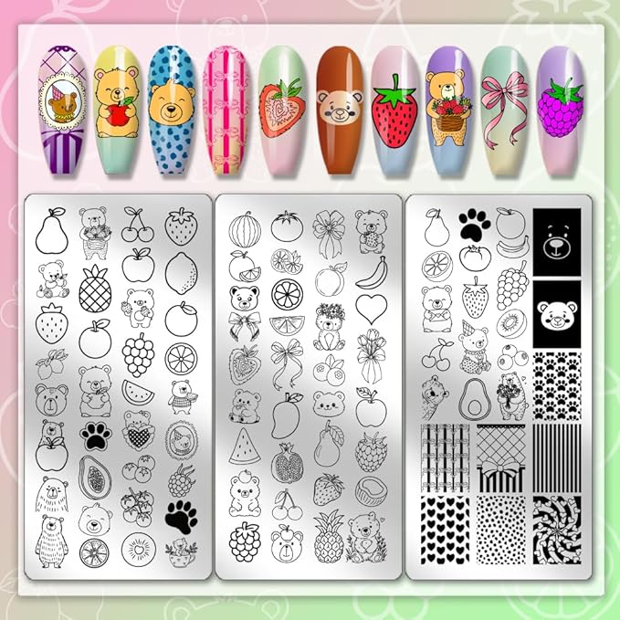 PH PandaHall 3pcs Fruit Nail Stamping Plates Cute Bear Animal Nails Art Stencils Strawberry Pineapple Cherry Nails Image Plates Bows Heart Manicure Art Templates for Women Printing Manicures Salon