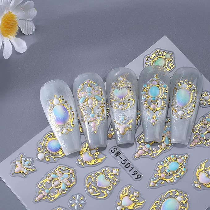 2 Sheets Luxurious Gold Nail Art Stickers Embossed Bohemian Style Nail Decals 5D Heart Flower Nail Stickers Self-Adhesive Mirror Bohemian Designs Nail Art Supplies for Women Manicure Accessories