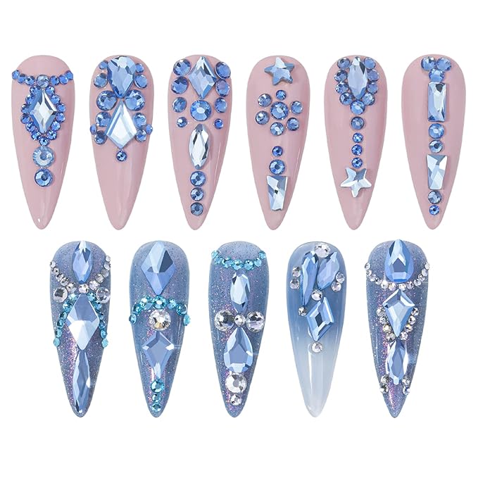 HNUIX Nail Rhinestones - 3D Multi Shape Size Crystal, Light Blue Nail Gems, Flat Back, with Kit, for Nail Art, DIY Decorations