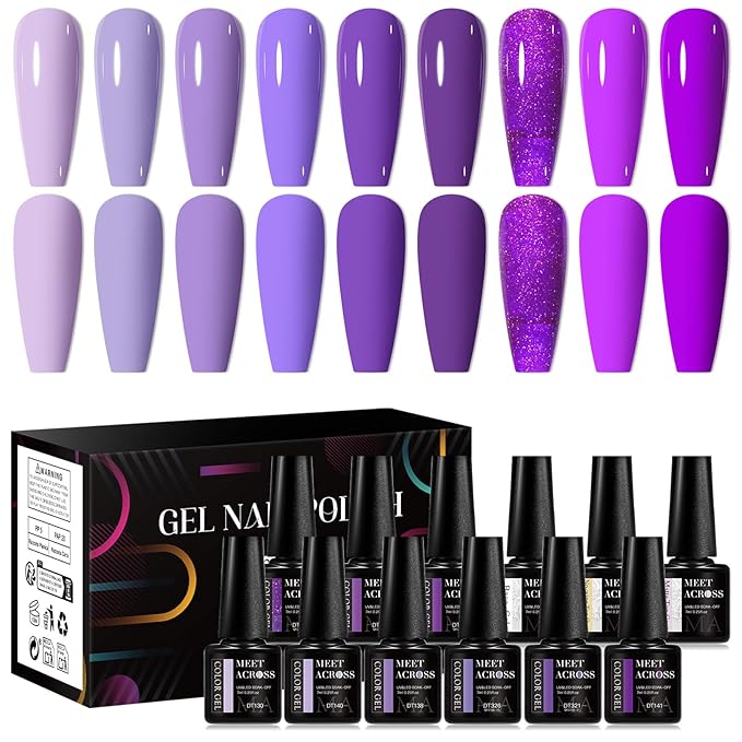 MEET ACROSS 9 Colors Gel Nail Polish + 3PCS Function Gel Nail Polish Kit,Fashion Nail Art Set Design Gifts for Women Manicure Salon (SET10, 12pcs)