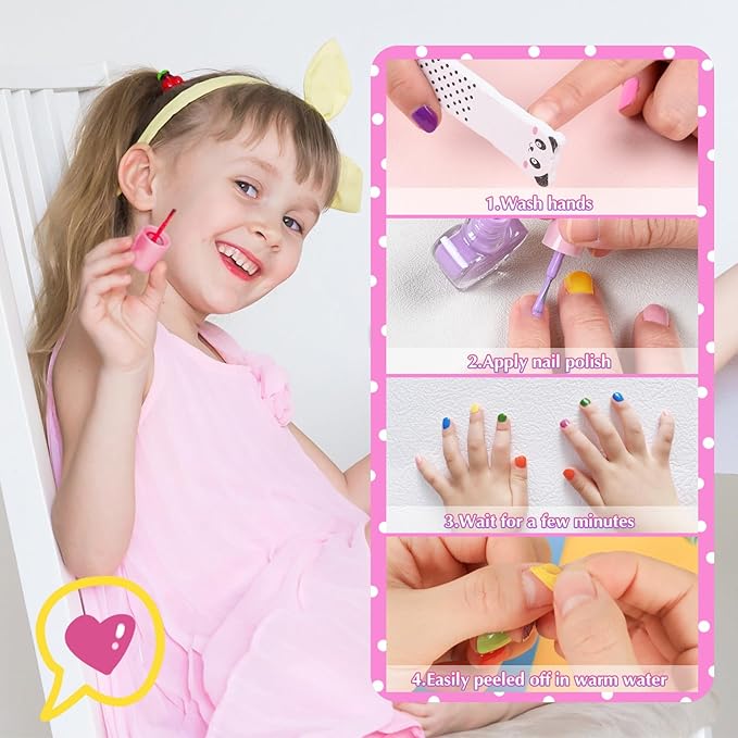 wakaniya Kids Nail Polish 12 Colors Girls Nail Kit with Glitter Stickers and PVC Organizer Bag Non Toxic, Quick Dry Peel Off Safe Nail Polish