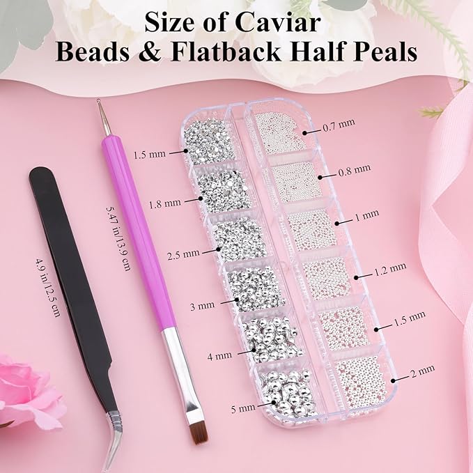 Silver Caviar Nail Beads and Nail Pearls, Mixed Size Half Round Flatback Pearl Silver Balls Nail Charms for Nails with Pickup Tools for Nails Face Eyes Makeup(33-K1-6)