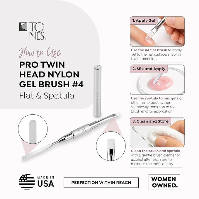 Tones Twin Head Nail Art Gel Brush - Kolinsky Sable Hair - Ultra Precise Nail Sculpting & 3D Art (#4 Flat & Spatula)