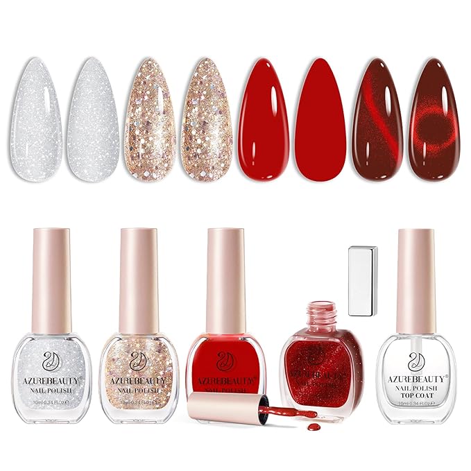 AZUREBEAUTY Red Valentine's Nail Polish Set Quick Dry Silver Glitter Cat Eye 4 Colors Natural Fingernail with Top Coat DIY Salon Home no Gel Women Gifts
