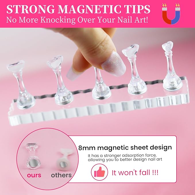 Nail Stand For Press Ons Extra-high Tip Holder For Painting Art Magnetic Acrylic Fake Nail Display Practice, Heart Shape with 200 PCS Double Sided Tape, Nail Supplies For Beginners Home Salon