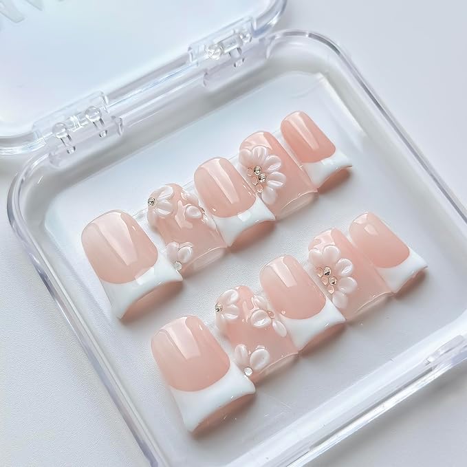 Luxury Press on Nails Short Duck Handmade 3D Unique Reusable ABS Material Fake Nails White French Tip False Nails with Designs Rhinestones Floral Glossy Glue on Nail Thick Acrylic Nail(M)