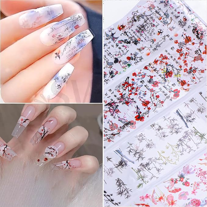 JERCLITY 10 Rolls Chinese Style Nail Foil Transfer Sticker Plum Orchid Bamboo Ink Painting Pattern Nail Art Decals Transfer Stickers Wraps