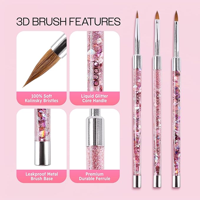 PANA 3D Kolinsky Nail Art Brush - Pink Glitter Handle, Size 4 - Acrylic Nail Art Sculpture Brush for Manicures Pedicure Salon Professional or Beginner