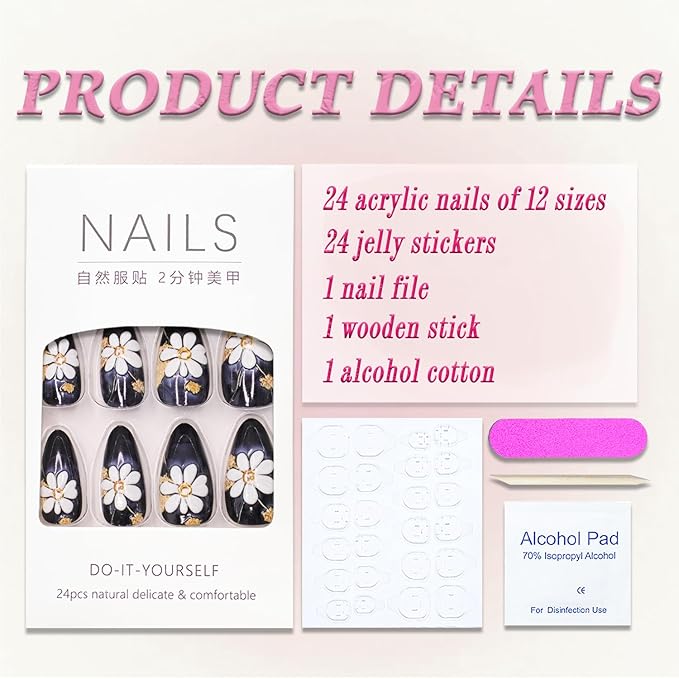 Press on Nails Medium Almond MABKJLF Embossed Fake Nails Cute Daisy False Nails with Designs Gold Foil Black & White Glossy Glue on Nails Acrylic Nails for Women Girls 24Pcs