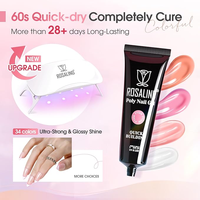 ROSALIND Poly Nail Gel Kit -34 Colors + White Brown Accessories Clear Nude Poly Nails Gel Starter Kit with Mini UV Lamp Slip Solution Nude Pink Extensions Set