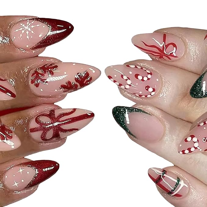 2 Packs 48Pcs Christmas Press on Nails Short Almond Fake Nails Red Snowflake Acrylic Candy Stripe Glitter Designs French Tip Nails Winter Xmas Glue on Nails Kid Set for Women Girls Decoration