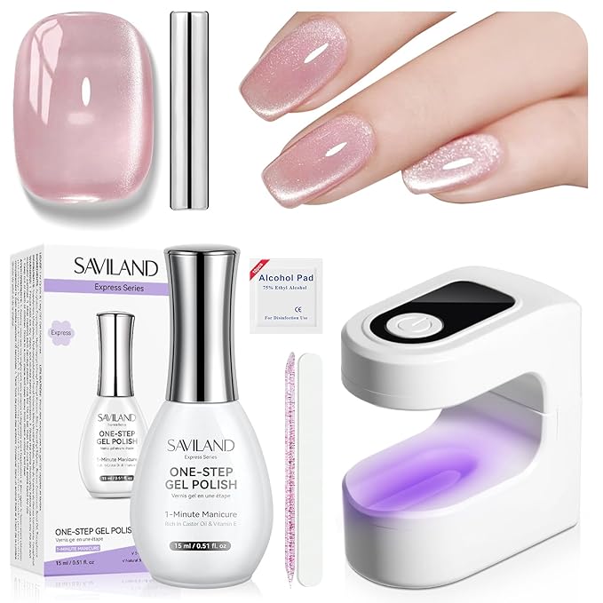 SAVILAND One-Step Gel Nail Polish Kit: Lilac Haze 5-In-1 Cat Eye Gel Polish with U V LED Nail Lamp Magnet, Color & Base & Top In One Bottle Glassy Cateye Effect For Home DIY Art 15ML Gift