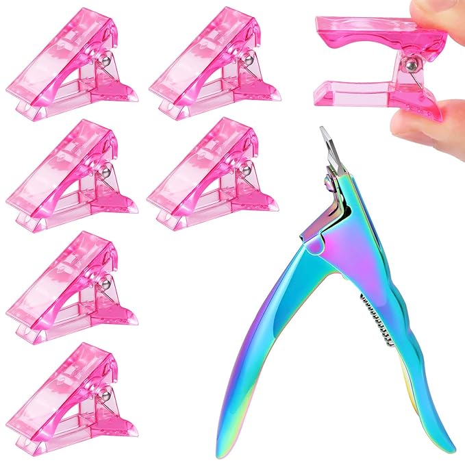 6 Pcs Poly Gel Quick Building Nail Tips Clip Pink Transparent Finger Extension UV LED Builder Nail Tips Clips with 1 Pc Acrylic Nail Tips Clipper Trimmer Cutter for Quick Building Manicure