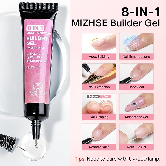 MIZHSE Builder Gel for Nails, 8-in-1 Clear Builder Strengthener Gel for Nail Thickening Tip Design Rhinestone Glue U V LED Extension Gels Kit for Home DIY Salon 15mL