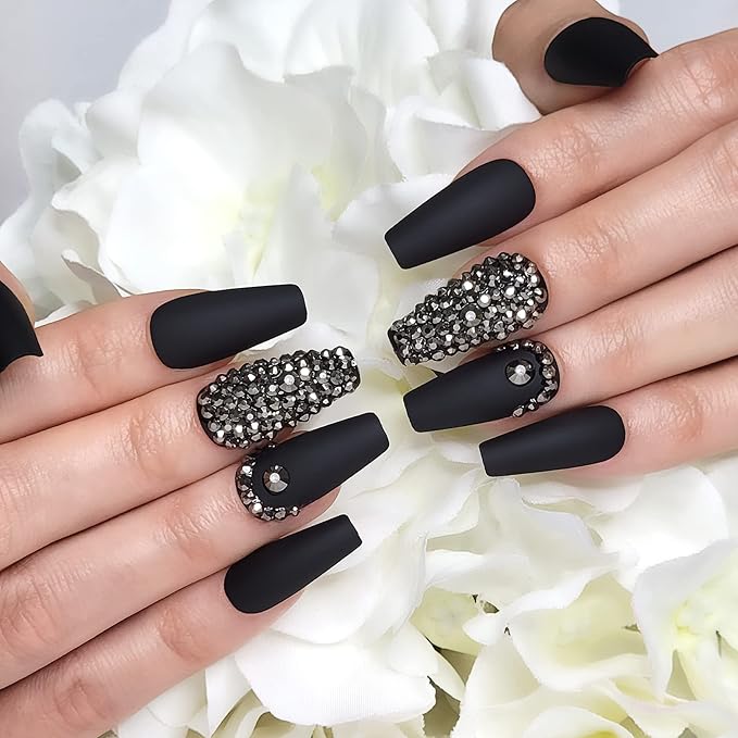 Hypnaughty 24 Pcs Rhinestone Noir Coffin Press On Nails with Gunmetal Color Luxury Rhinestones and Glue Medium Length Glue On False Nails (Rhinestone Noir)