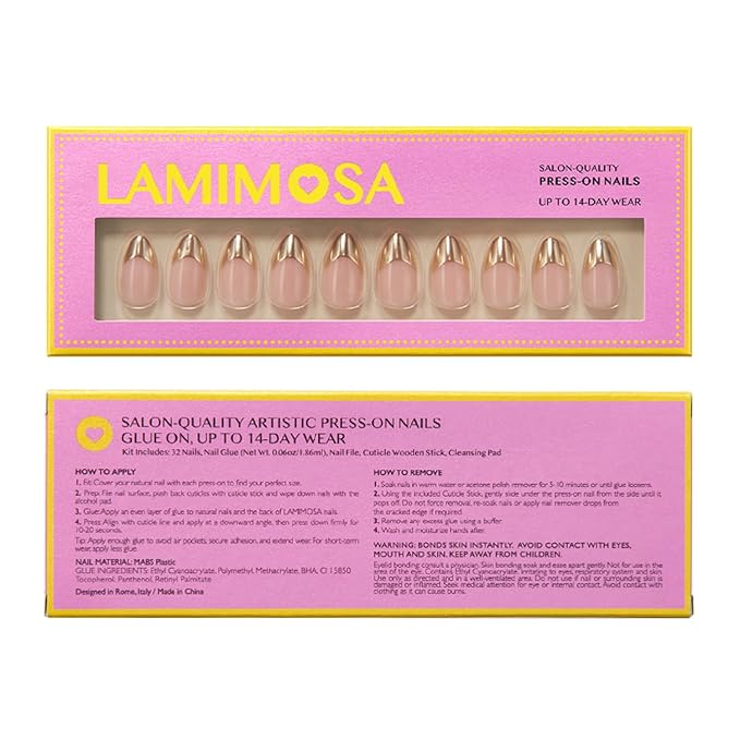 LAMIMOSA 32Pcs Press On Nails Short Almond - Gold French Tip Press on Nails, Soft Gel Fake Nails in 16 Sizes, Reusable Glue on Nails Kit, GOLD BLESSED
