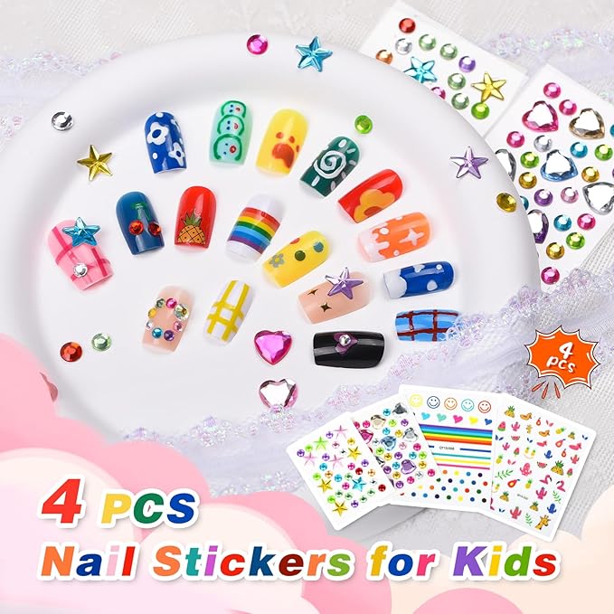 wakaniya Kids Nail Polish Set, Non-Toxic Peel-Off Quick Dry Mini Nail Polish for Girls 8 Colors Set with Gems Stickers