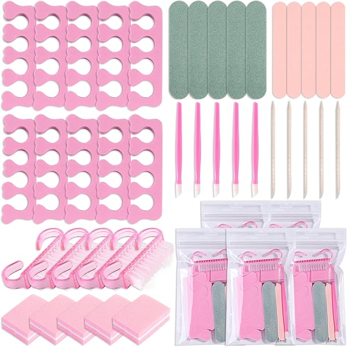5 Sets Manicure Prep Kit for Travel Home, Portable Basics 7 in 1 Nail Salon Pedicure Tools, Sponge Toe Finger Separators, Nail File, Cuticle Pusher, Wood Stick & Handle Grip Brush