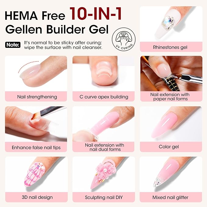 GELLEN Builder Gel for Nails - 4 Colors Red Black Pink Milky Jelly White Nail Extension 10 In 1 Hard Gel Sculpting Apex Building Salon at Home for Beginner & Professional, UV & LED Lamp Cured
