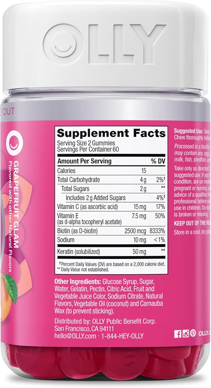 OLLY Undeniable Beauty Gummy, for Healthy Hair, Skin & Nails,* Biotin, Vitamins C & E, Keratin, Chewable Supplement, Grapefruit Flavored, 60 Day Supply - 120 Count