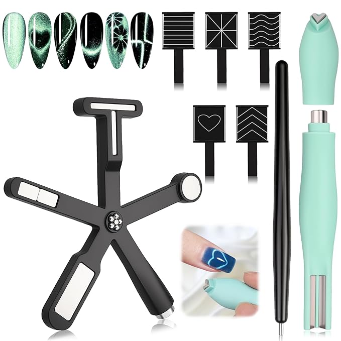 Cat Eye Magnet Set, 3 in 1 Heart Magnet for Cat Eye Gel Polish, 6 in 1 Cat Eye Nail Magnet for Beginners and Pros, Multifunctional Nail Magnet Tool for Nail Art DIY at Home (Black)