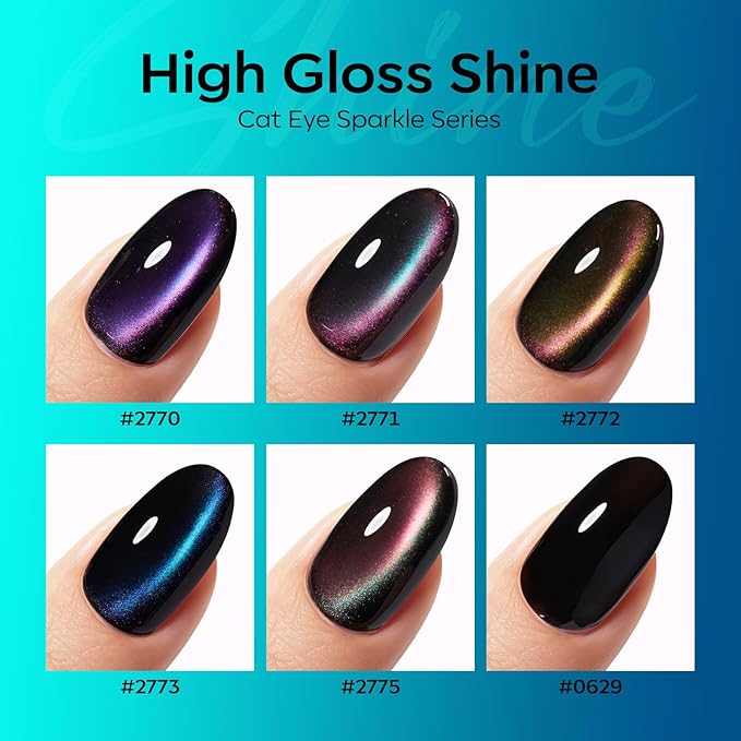 modelones Gel Nail Polish Set, 6 Colors Holographic Colorful Rainbow Glitter Cat Eye Gel Polish Black Purple Blue Green Yellow Coral Pink Nail Polish with Magne Soak Off LED Manicure DIY Gift