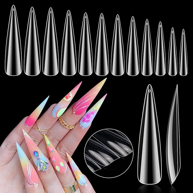 504PCS 3XL Stiletto Nail Tips, Extra Long Clear Acrylic Nails Professional, 12 Sizes Tapered Acrylic Press On Gel Nail Tips for Nail Salons Home DIY
