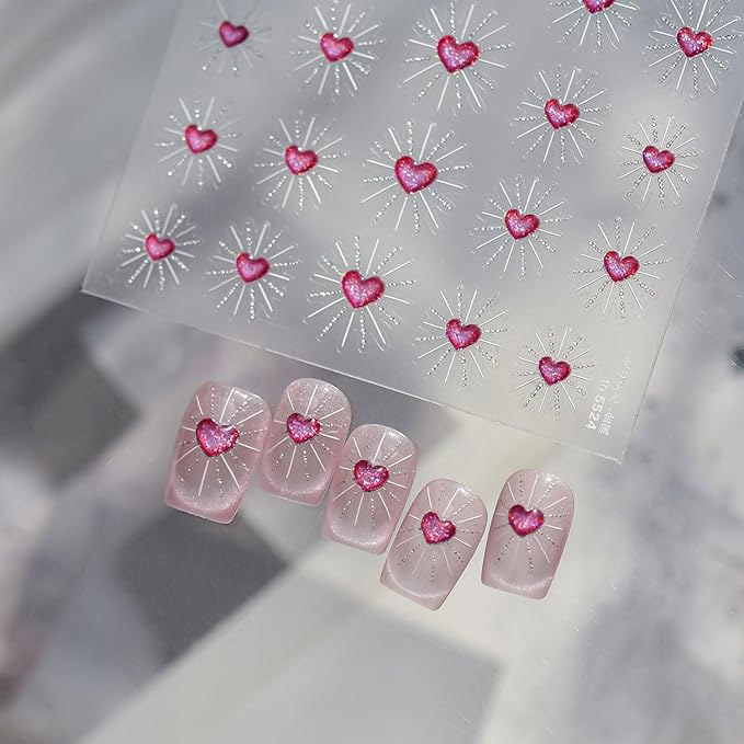 Valentines Nail Stickers for Nail Art Pink Heart Nail Art Stickers 5D Embossed Glitter Nail Decals Holiday Nail Design for Women Manicure DIY Decoration Accessories