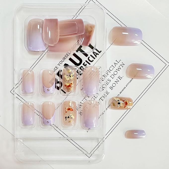 Butterfly Press on Nails Medium Square Fake Nails Purple French Tip False Nails with Designs Gold Foil Gradient Acrylic Glossy Glue on Nail Cute Artificial Stick on Nail for Women Manicure 24Pcs