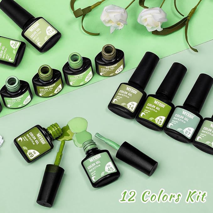 MTSSII Green Gel Nail Polish Set 12 Pcs Sage Green Forest Green Gel Polish Lime Olive Emerald Green Nail Polish Soak Off Gel Nail Kit Holiday Gift Home DIY Salon for Women